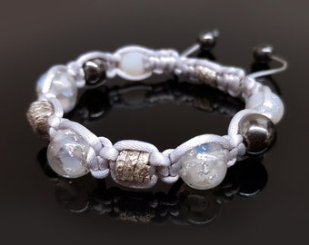 Adjustable beaded Shamballa bracelet, moonstone and silver orgonite orgone beads, magic amulet, charm