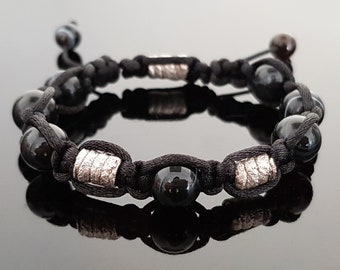 Shamballa bracelet, black agate onyx, 99.9 pure silver, reiki infused and programmed amulet charm