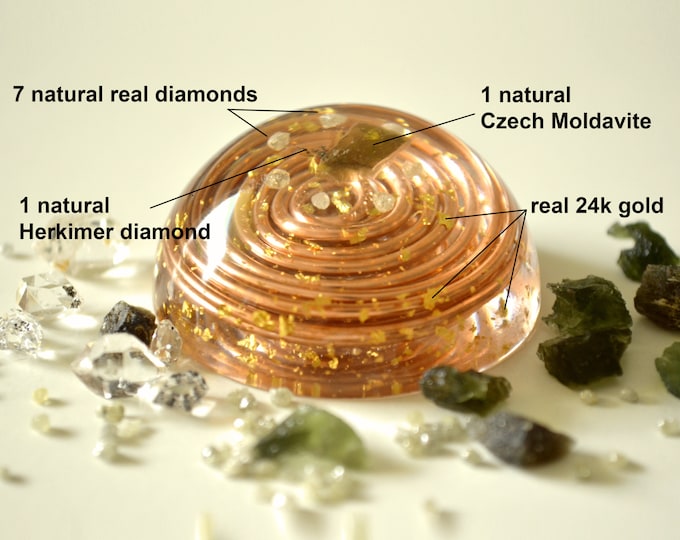 Pocket orgonite orgone hemisphere dome, most powerful, Diamonds, Herkimer, Moldavite, vortex, high vibes