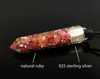 Powerful Orgone Orgonite Pendant - Reiki Pendant natural Ruby and silver Necklace - Crystal healing Amulet