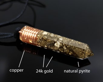Orgonite orgone pendant with pyrite, Powerful Reiki infused healing amulet with 24k gold and copper, chakra healing