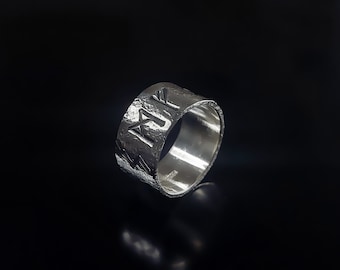 Rune ring amulet. Spiritual Growth and Self-confidence, rustic sterling silver ring with Celtic, Viking runes formula