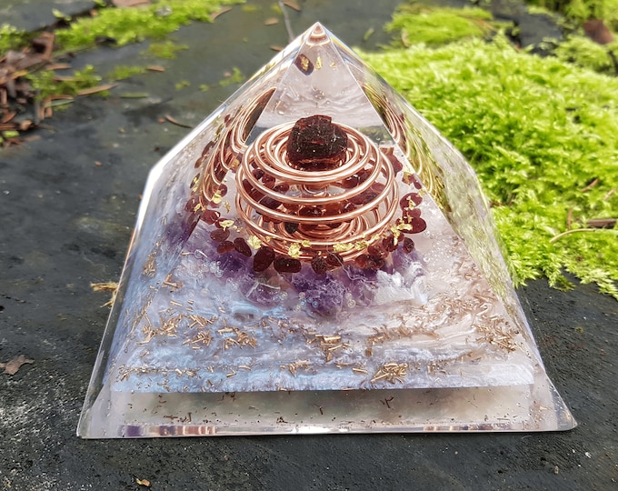 Orgonite Pyramid, Orgone pyramid, garnet, Amethyst, brass, gold vortex coil, Reiki chakra healing, love, protection