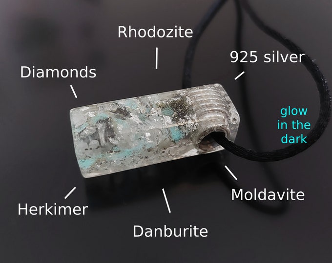Orgonite orgone pendant, necklace - Moldavite, Herkimer, diamonds, Rhodozite, Danburite, 925 silver, glow in the dark