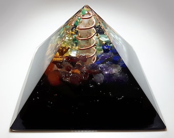 Orgone Orgonite Pyramid, Prosperity and Protection, 7 chakra, Wealth, Money, Reiki healing, rainbow crystals