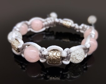 Shamballa bracelet, programmed amulet charm, rose quartz, white cracked crystal, 99.9 pure silver rough beads