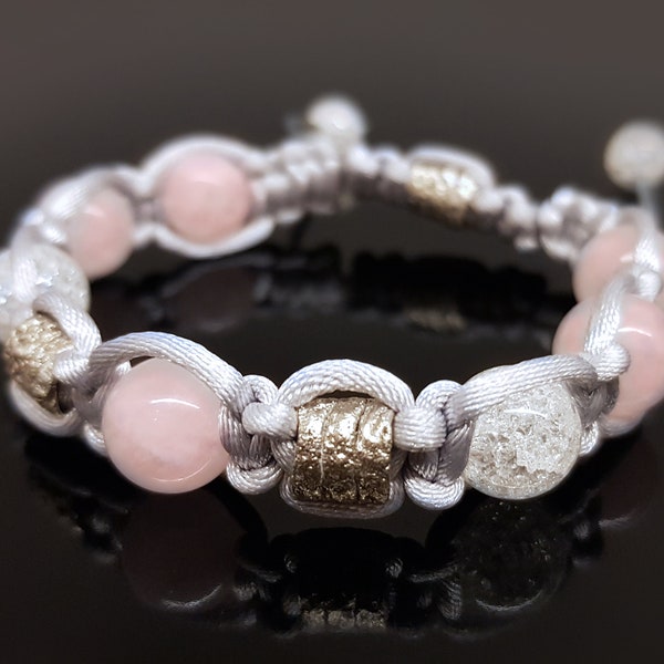 Shamballa bracelet, programmed amulet charm, rose quartz, white cracked crystal, 99.9 pure silver rough beads
