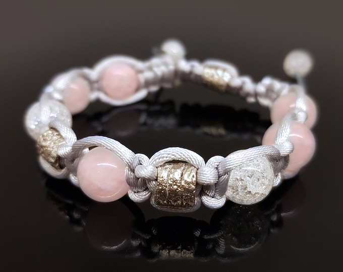 Shamballa bracelet, programmed amulet charm, rose quartz, white cracked crystal, 99.9 pure silver rough beads