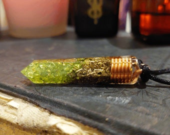 Orgonite orgone pendant, Peridot, 24k gold, copper, brass. Wealth, Money, luck, Love, Reiki infused, enchanted amulet