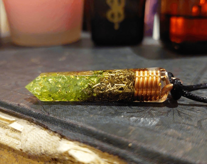 Orgonite orgone pendant, Peridot, 24k gold, copper, brass. Wealth, Money, luck, Love, Reiki infused, enchanted amulet