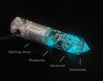 High vibration Orgonite Pendant - Magic amulet charm, Orgone Necklace - Moldavite, Herkimer, Diamonds, Reiki, silver, glow in the dark