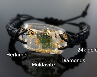 Moldavite Orgone orgonite bracelet - Reiki Energy Healing - 24K gold, Herkimer, Diamonds. Most powerful