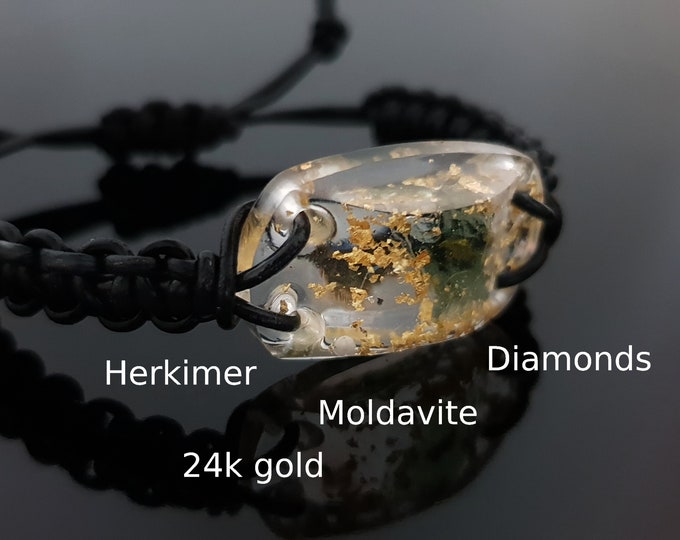 Moldavite Orgonite orgone bracelet, magic amulet, charm. Most powerful combination! Diamonds, Herkimer