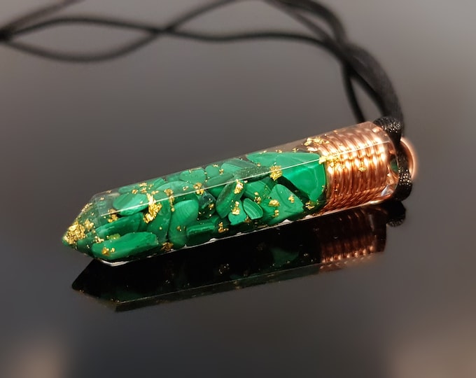 Orgonite Pendant, Malachite with 24k gold, orgone necklace, chakra healing, programmed / enchanted amulet, talisman