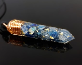 Orgonite orgone pendant necklace, Blue kyanite, 24k gold, enchanted amulet, chakra healing and protection