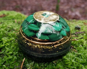 Orgonite Orgone Dome, hemisphere - Malachite, 24K Gold, brass, copper. Reiki Energy Healing, Wealth, Money, Luck