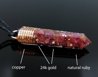 Ruby Orgonite orgone pendant necklace, Natural Ruby, 24k gold, Reiki crystal chakra healing. Love, money amulet