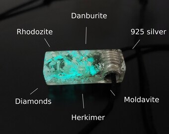 Orgonite orgone pendant, necklace - Moldavite, Herkimer, diamonds, Rhodozite, 925 silver. Magic amulet, charm, talisman