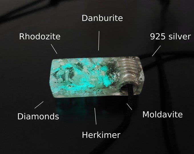 Orgonite orgone pendant, necklace - Moldavite, Herkimer, diamonds, Rhodozite, 925 silver. Magic amulet, charm, talisman