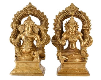 White Whale Brass Hindu God Lord Ganesha and Lakshmi Bhagwan Lord Ganesha and Lakshmi Idol Statue Murti