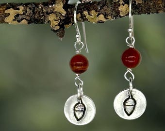 Tiny Acorn with Brown Agate, nature-inspired fine silver, earrings by Cindy Bina