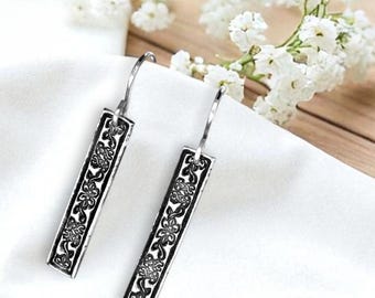 Vertical Bar Drop Dangles, flowers & leaves, fine silver, handcrafted earrings by Cindy Bina