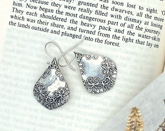 Renaissance, Victorian, Art Nouveau, Fantasy Shimmering pointed teardrop, fine silver, handcrafted earrings by Cindy Bina