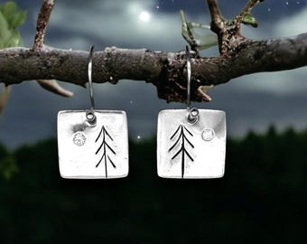 Tiny North Star forest with cubic zirconia, square, hand-carved, nature-inspired fine silver, earrings by Cindy Bina