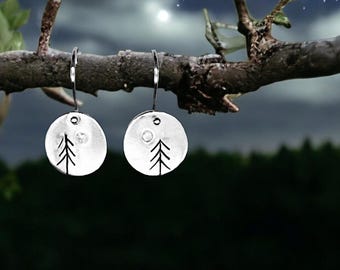 Tiny North Star forest with cubic zirconia, round, hand-carved, nature-inspired fine silver, earrings by Cindy Bina
