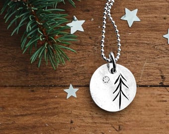 North Star, tiny round with cubic zirconia, pine tree, handcarved, nature-inspired fine silver, earrings by Cindy Bina