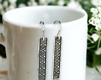 Vertical Bar Drop Dangles, floral, fine silver, handcrafted earrings by Cindy Bina