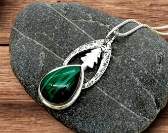 Malachite Stone, Pine Tree in Frame, nature inspired, fine silver, handcrafted necklace by Cindy Bina