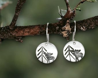 Wilderness Moose, forest, adventure, nature-inspired, fine silver, handcrafted earrings by Cindy Bina