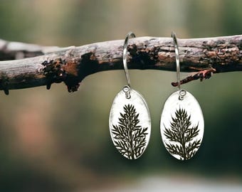 Tiny Oval Delicate Fern Moss, Reproduction, Botanical, nature-made, fine silver, handcrafted earrings by Cindy Bina