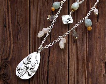 Multi-layer, semi-precious stones, botanical, dragonfly, floral, nature-made, fine silver, handcrafted necklace by Cindy Bina