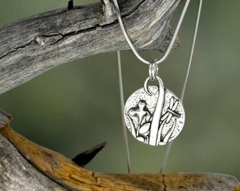 Dragonfly & Irises in the Reeds, nature-inspired, fine silver, handcrafted necklace by Cindy Bina