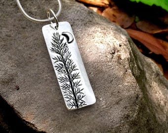 Delicate Fern Moss, narrow rectangle, crescent moon, reproduction, nature-made, fine silver, handcrafted necklace by Cindy Bina