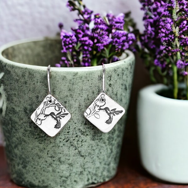 Hummingbird, flower buds, nature-inspired, fine silver (PMC), hand-crafted earrings by Cindy Bina