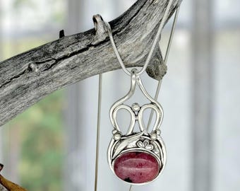 Rhodonite Gemstone, Rose, Pink, nature inspired, fine silver, handcrafted necklace by Cindy Bina