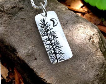 Delicate Fern Moss, wide rectangle, crescent moon, reproduction, nature-made, fine silver, handcrafted necklace by Cindy Bina
