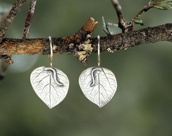 Poplar leaves with Tendril, botanical nature-made, fine silver (PMC), hand-crafted earrings by Cindy Bina
