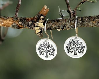 Tree of Life, minimalist, nature-inspired, fine silver (PMC), hand-crafted earrings by Cindy Bina