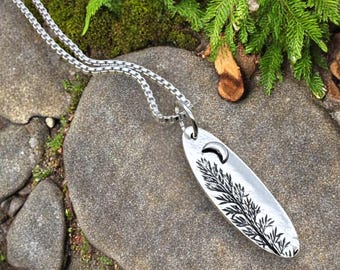 Delicate Fern Moss narrow oval, crescent moon, reproduction, nature-made, fine silver, handcrafted necklace by Cindy Bina