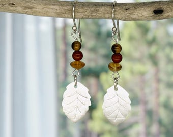 Shimmering Leaves with Carnelian Agate, Citrine & Tiger's Eye, nature-inspired, fine silver, handcrafted earrings by Cindy Bina