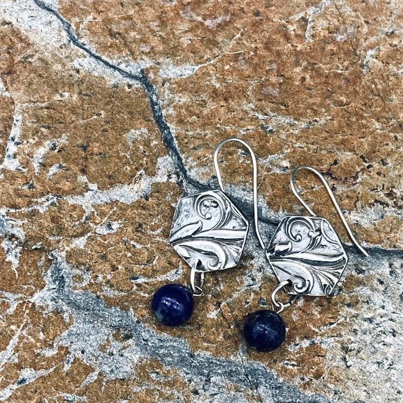 PMC hand-crafted earrings by Cindy Bina nature-inspired Lapis Lazuli river fine silver