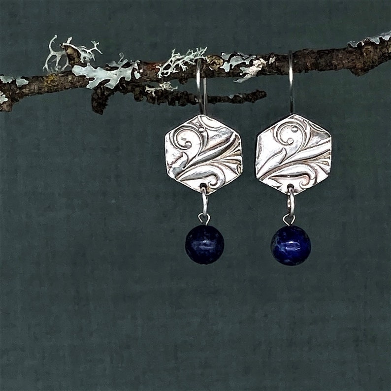 PMC hand-crafted earrings by Cindy Bina nature-inspired Lapis Lazuli river fine silver
