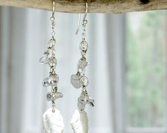 Shimmering Dangling Leaves & Crystal Quartz, nature-inspired, fine silver, handcrafted earrings by Cindy Bina