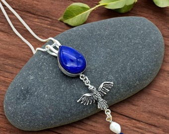 Lapis Lazuli, Bird Flying Over the Clouds, nature inspired, fine silver, handcrafted necklace by Cindy Bina