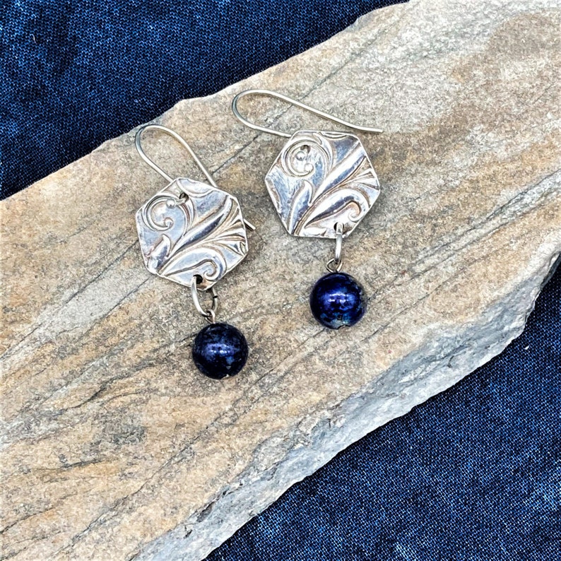 PMC hand-crafted earrings by Cindy Bina nature-inspired Lapis Lazuli river fine silver