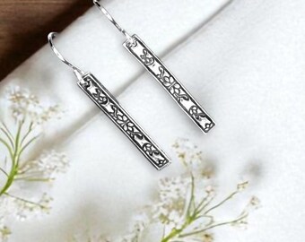 Vertical Bar Drop Dangles, floral swirls, fine silver (PMC), hand-crafted earrings by Cindy Bina
